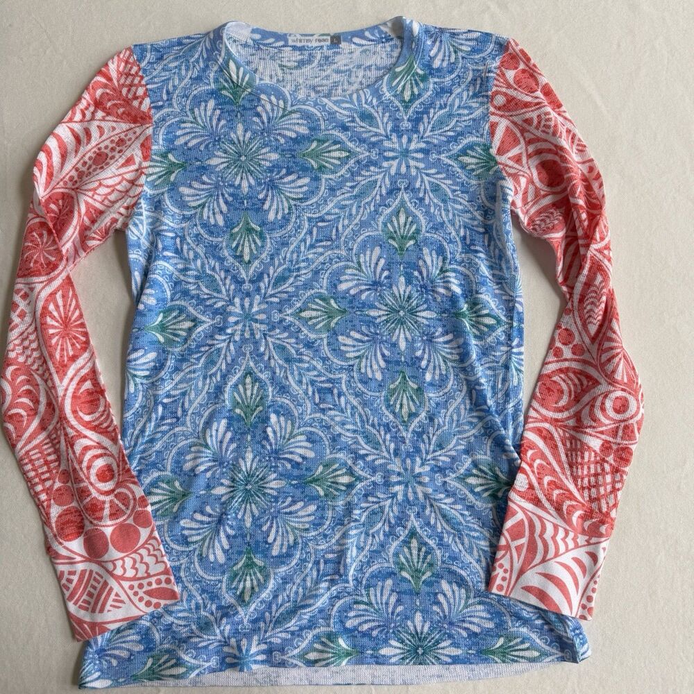 Whimsy Rose Baby Waffle Top Womens LARGE Blue Geometric
